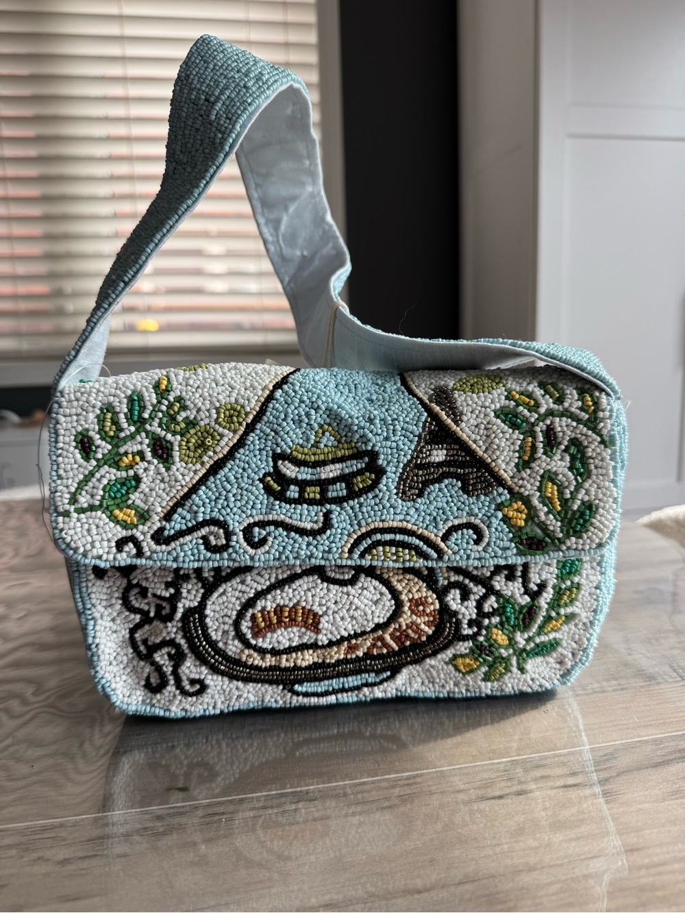 Beaded Light Blue Floral Embroidered Shoulder Bag